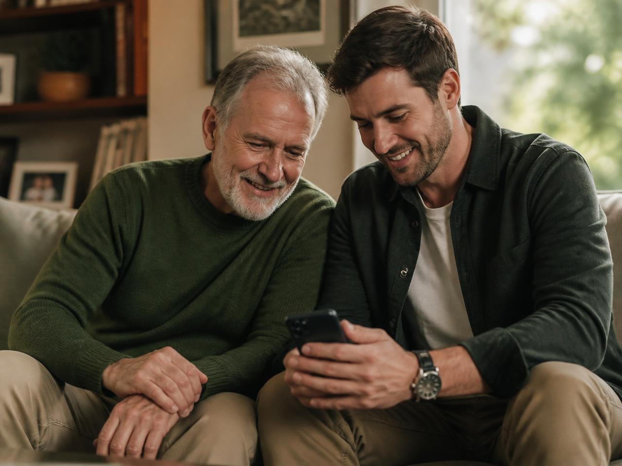 Adult son and elderly father laughing together looking at a phone