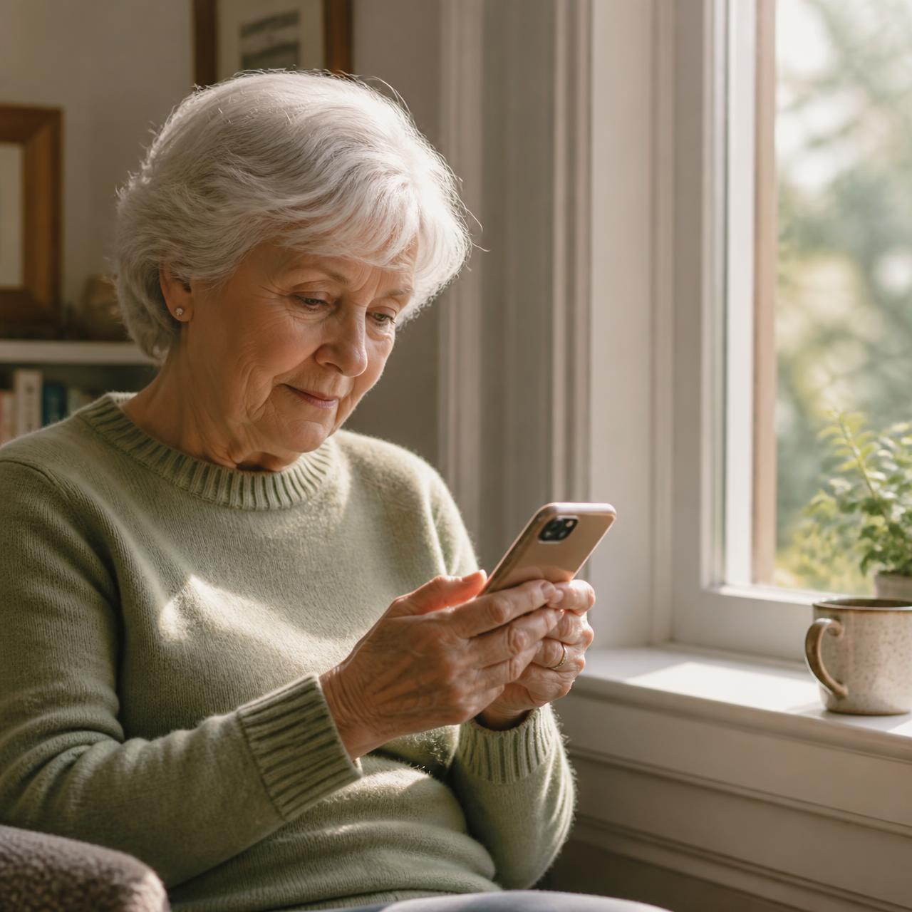 Elderly woman looking at her phone in warm afternoon light