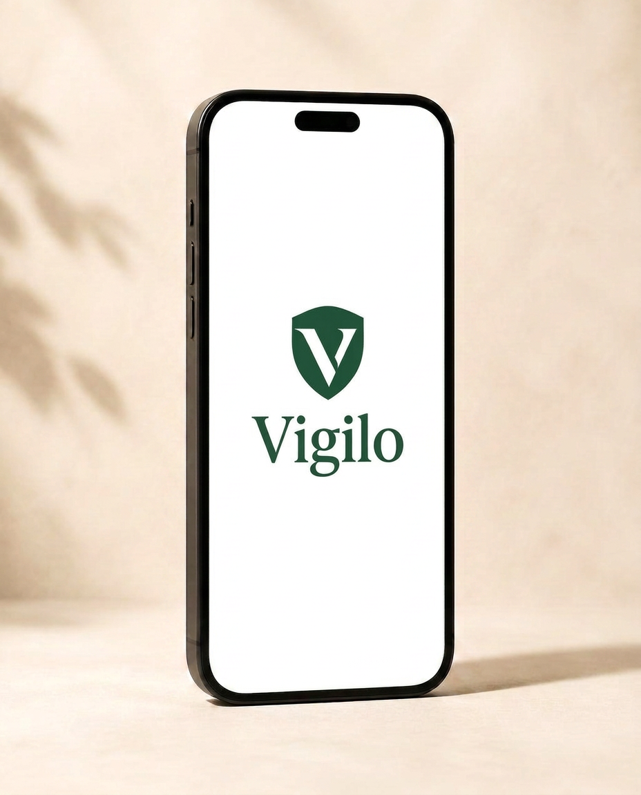 A smartphone resting on a table, showing a Vigilo notification